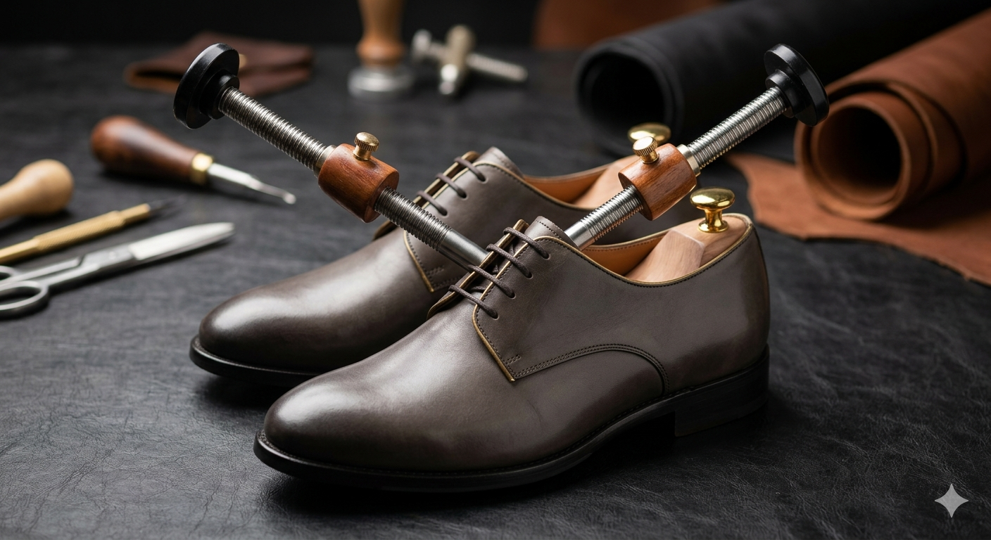 전문 제골기가 삽입된 가죽 구두 클로즈업 - 발볼 확장 작업